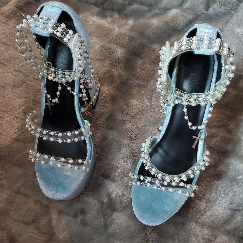 Holy Revelation shoes in Light Blue Crushed Velvet by Sugar Thrillz, size 9